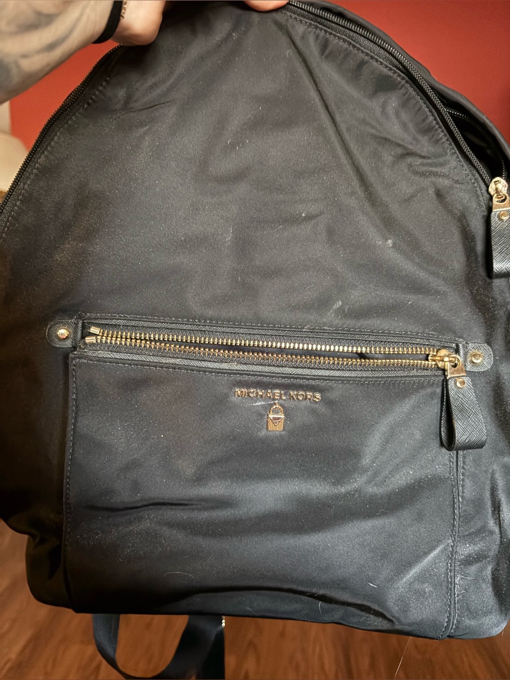 Michael Kors Black Nylon Backpack Gold Hardware Travel School Everyday Bag